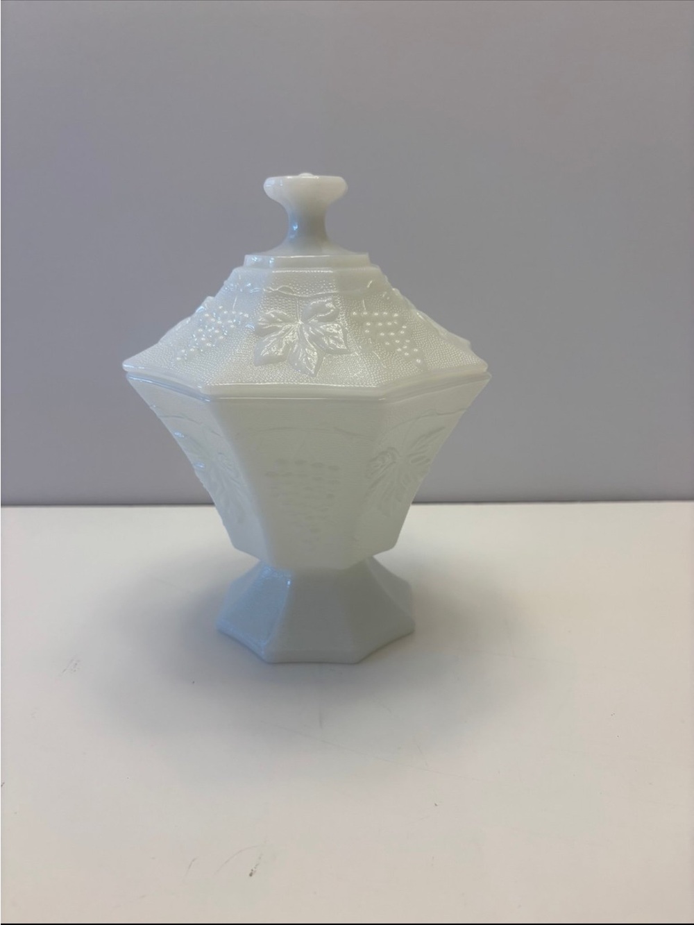 vintage Anchor Hocking milk glass lidded candy dish in the "Harvest Grape" patte